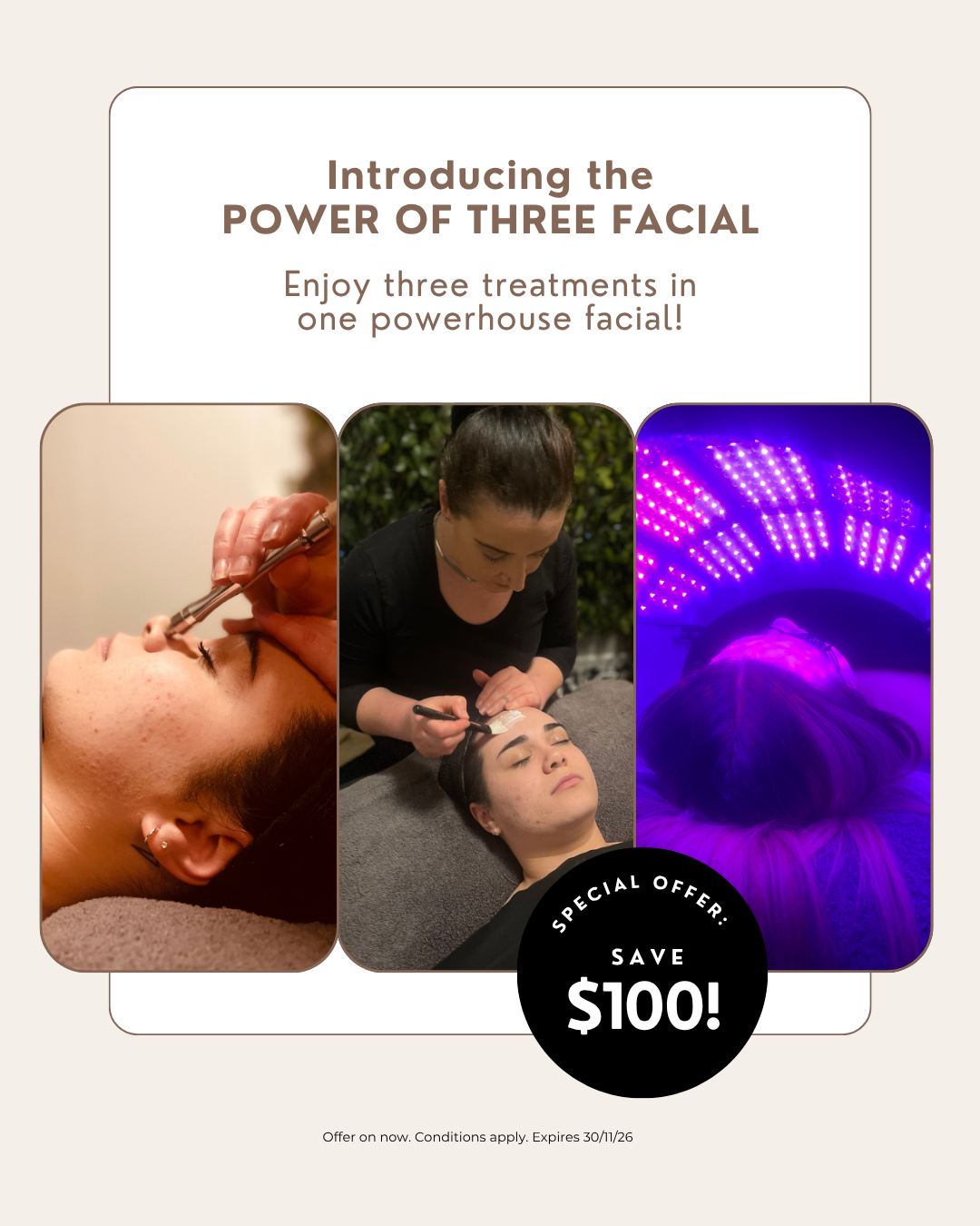 Power of Three Facial promotional graphic, including treatment details and booking offer