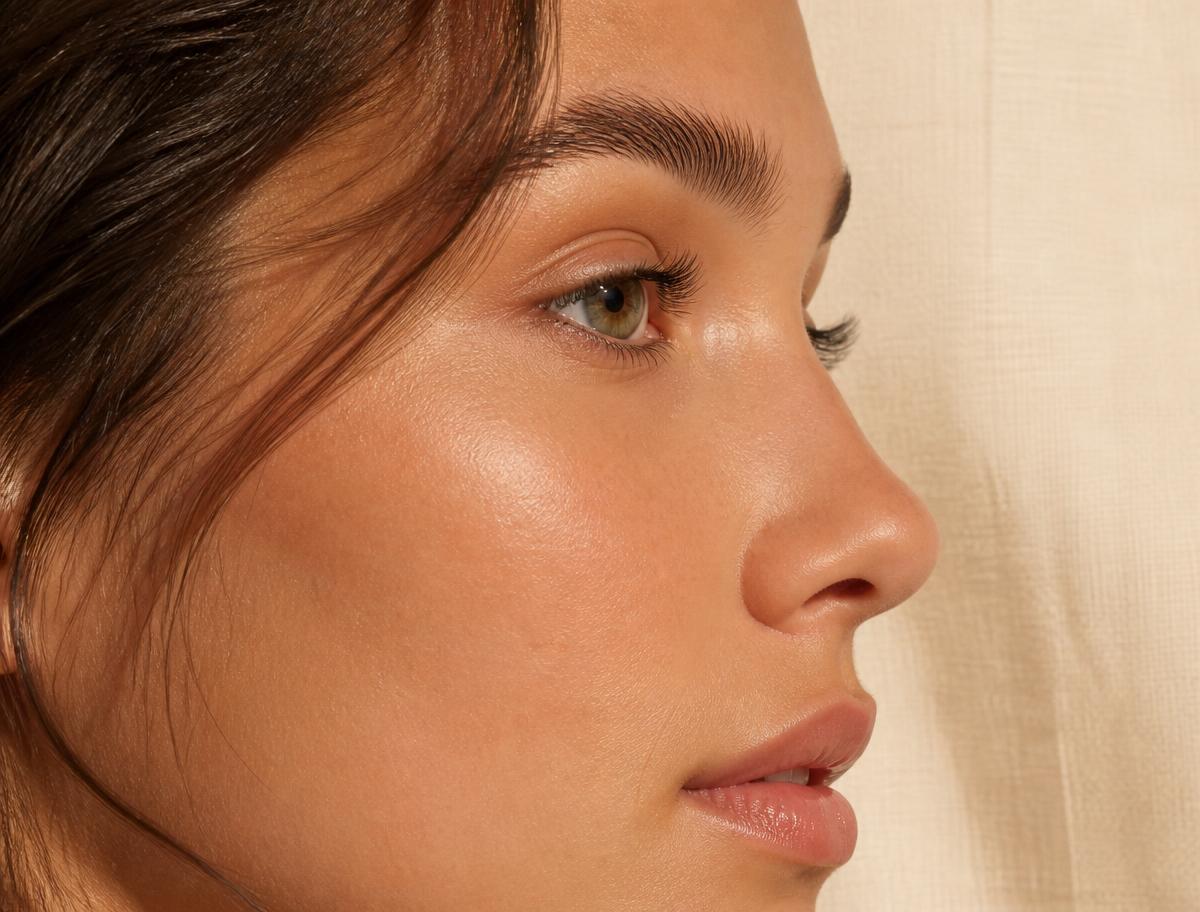 Editorial profile crop of natural brows, lashes and luminous bare skin against cream linen