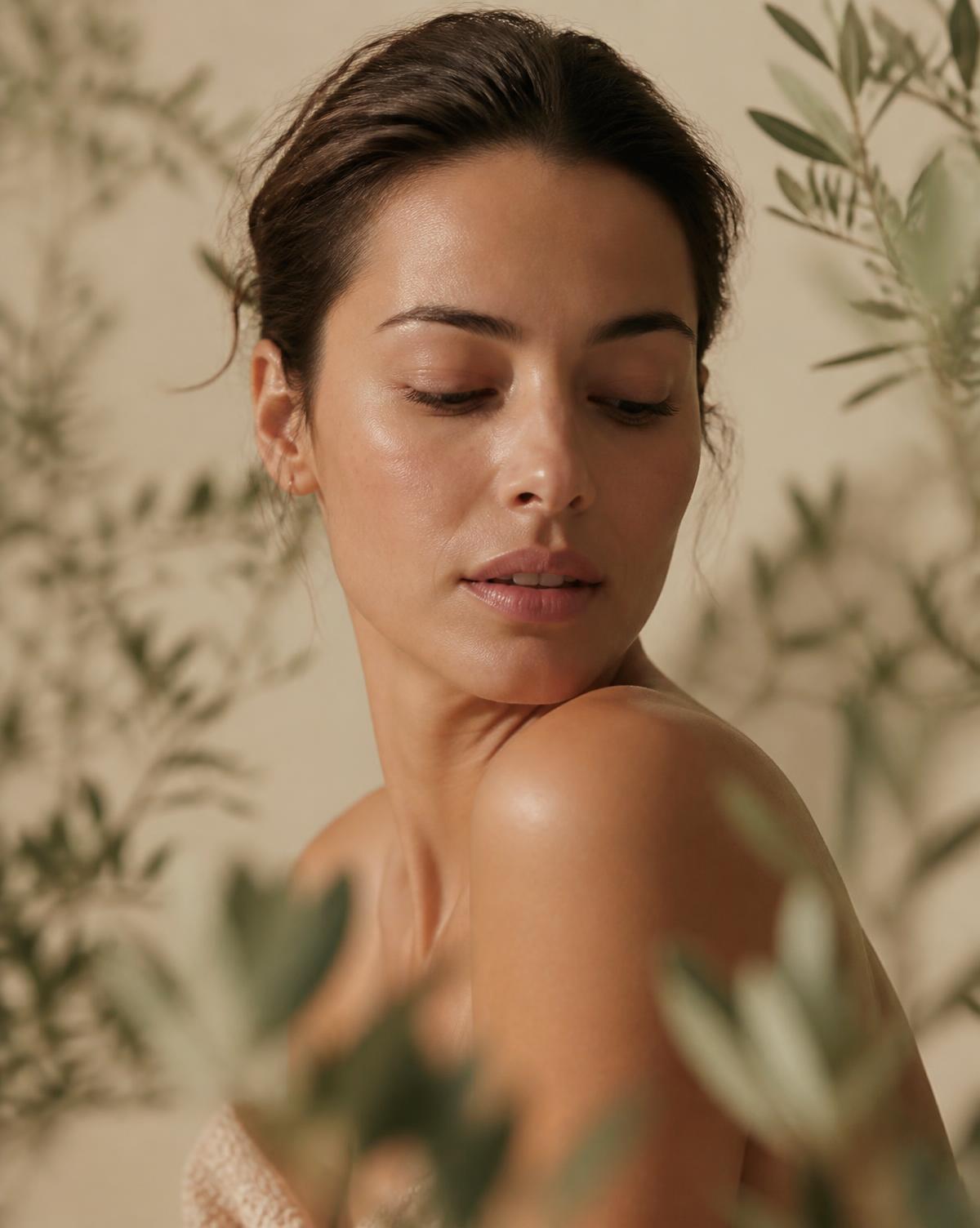 Woman in soft profile with natural glowing skin among olive foliage