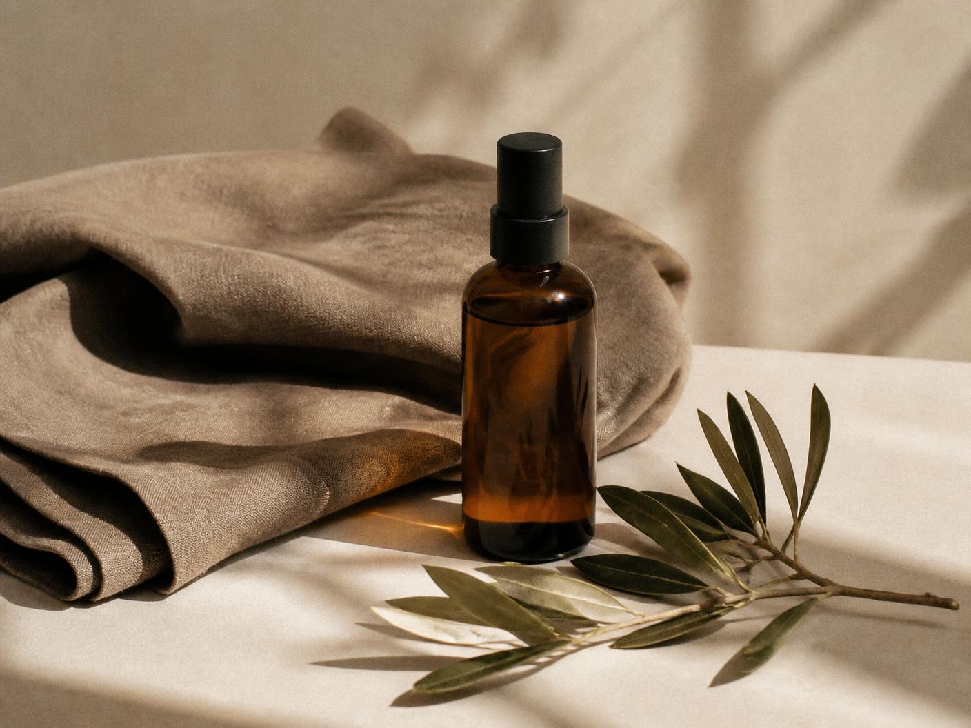 Amber skincare bottle and folded linen with a sprig of olive foliage