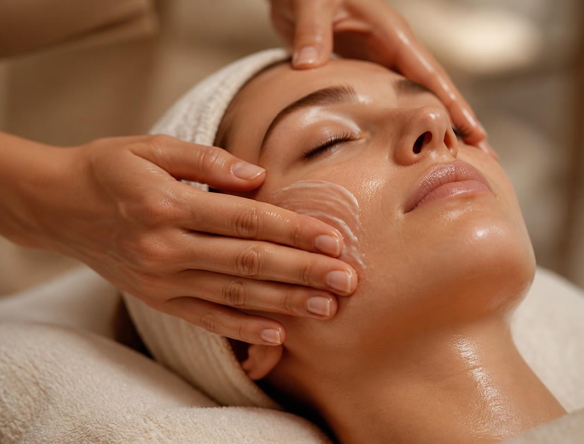 Bare hands applying professional serum during a facial treatment
