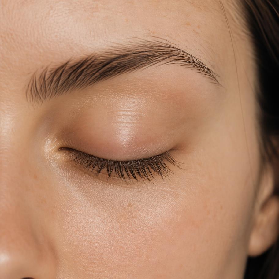 Macro crop of a natural brow and lashes with fresh, bare skin